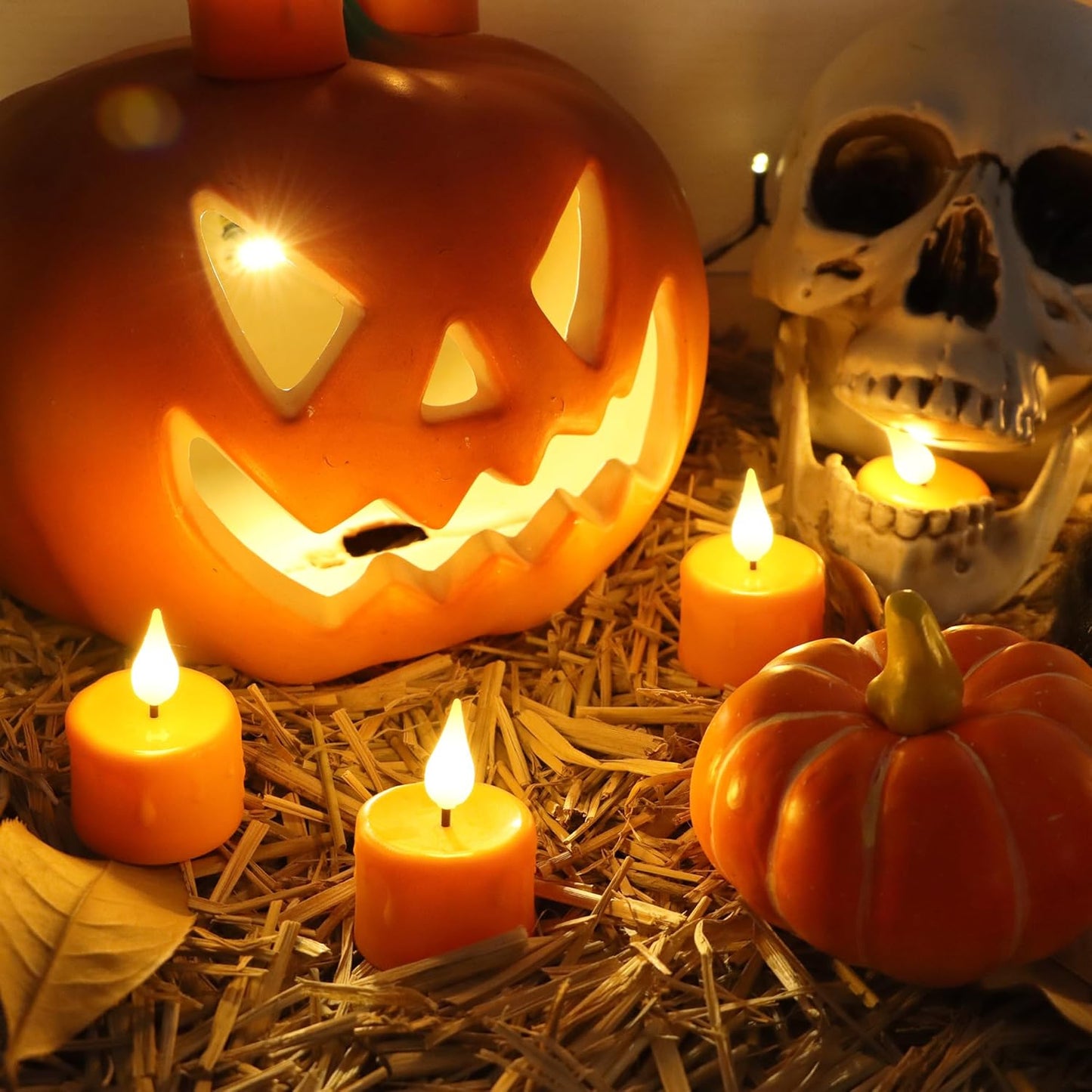 FREEPOWER Orange Halloween Candles,Rechargeable Flameless Candles with Remote Timer, Soft 3D Wick LED Tealights Candle, Rechargeable Candles Flickering Realistic for Halloween Decorations,Set of 6