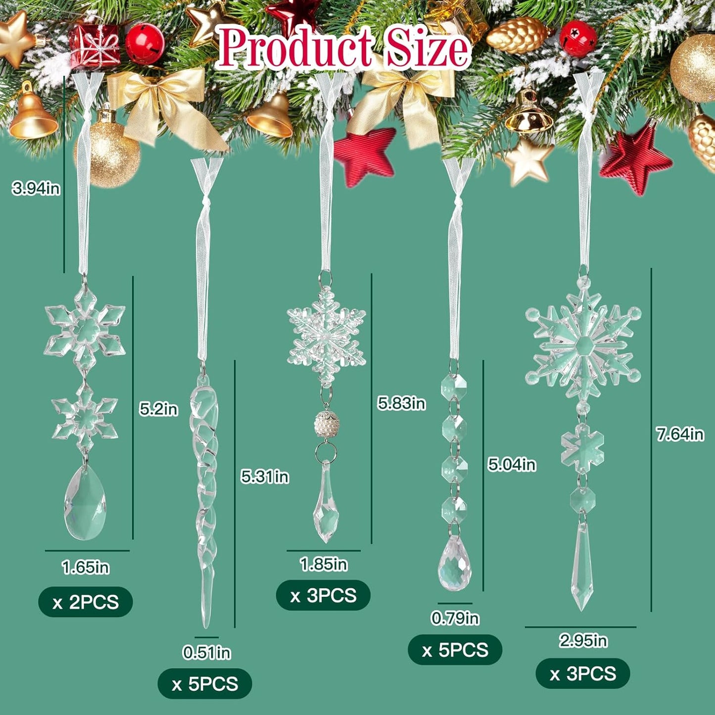 AuroTrends Christmas Tree Decorations 18Pcs, Acrylic Crystal Ornaments for Christmas Tree- Hanging Christmas Snowflake Decorations for Christmas Tree Ornaments