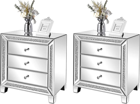 VINGLI Mirrored Nightstands Set of 2, Modern Bedside Table 3 Drawer Glass Side by VINGLI
