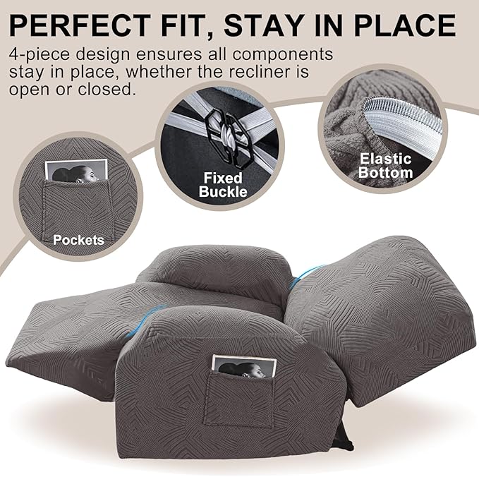 Oversized Recliner Chair Covers, 4-Piece Stretch Geometric Strokes Jacquard - Image 4