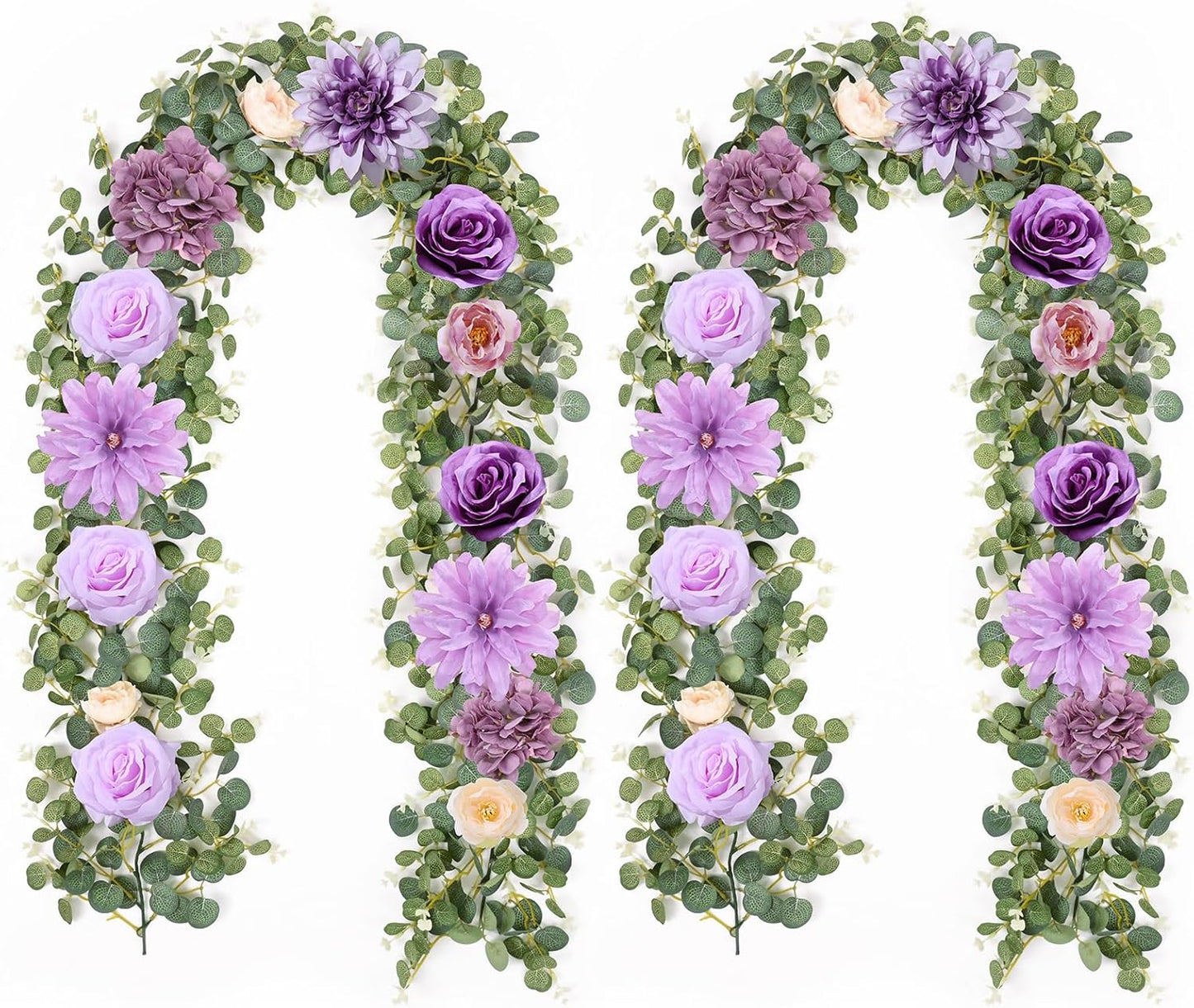 Waipfaru 2 Pcs Flower Garland, 6.07Ft Eucalyptus With Flowers, Rose Floral Vines for Wedding Reception Table Mantle Room Spring Summer Decor (Purple)