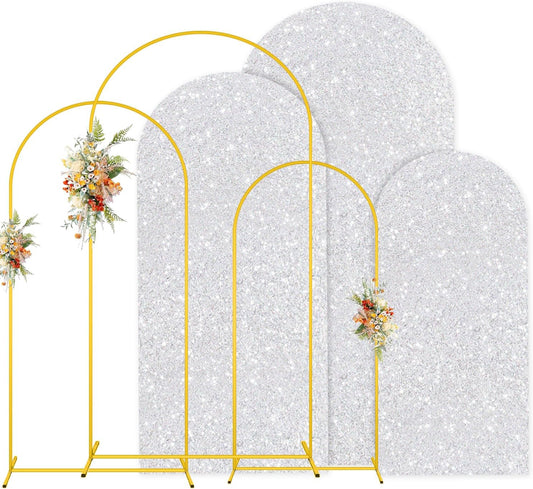 MODFUNS Arch Backdrop Stand and Cover Set Silver Arch Backdrop Cover 6ft 5ft 4ft Gold Wedding Arch Frame Sequin Arch Covers with Stand Double Sided Arch Back Drop for Wedding Reception Banquet Decor