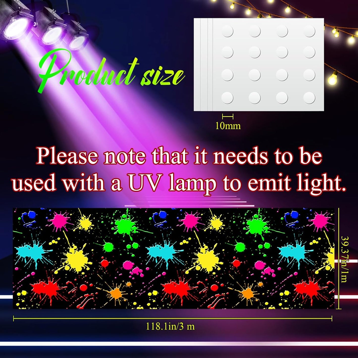 Haull 118 x 39 Inch Neon Light up Dance Floor Glow in The Dark Runner UV Reactive Blacklight Floor Aisle Runner Decor Wall Props for 80s 90s Neon Birthday Party Decorations(Paint Splatter)