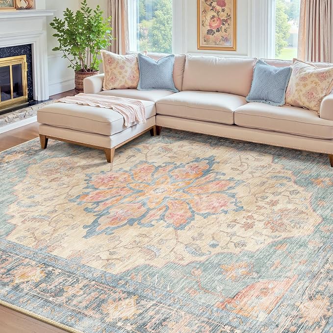 RELEANY Area Rugs 8'x10' Washable Non-Slip, Floral Vintage Distress Print by RELEANY