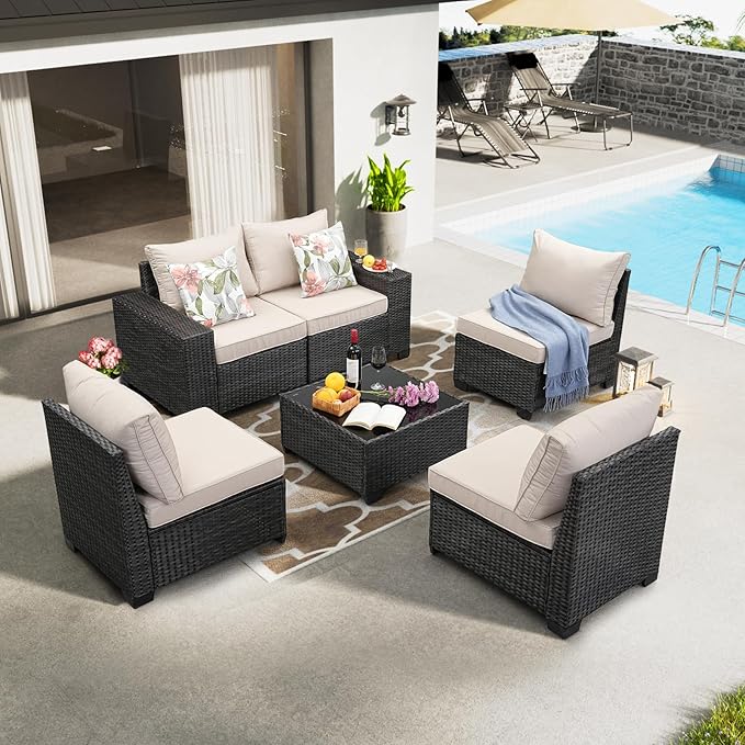JOYURE 6 Pieces Patio Furniture Set All-Weather Outdoor Wicker Sectional - Image 8