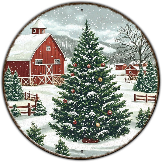 Round Christmas Trees Barn Metal Tin Sign Christmas Vintage Tin Sign for Kitchen Cafe Bar Farmhouse Home Wall Decor Art Winter Decoration 12 * 12 in