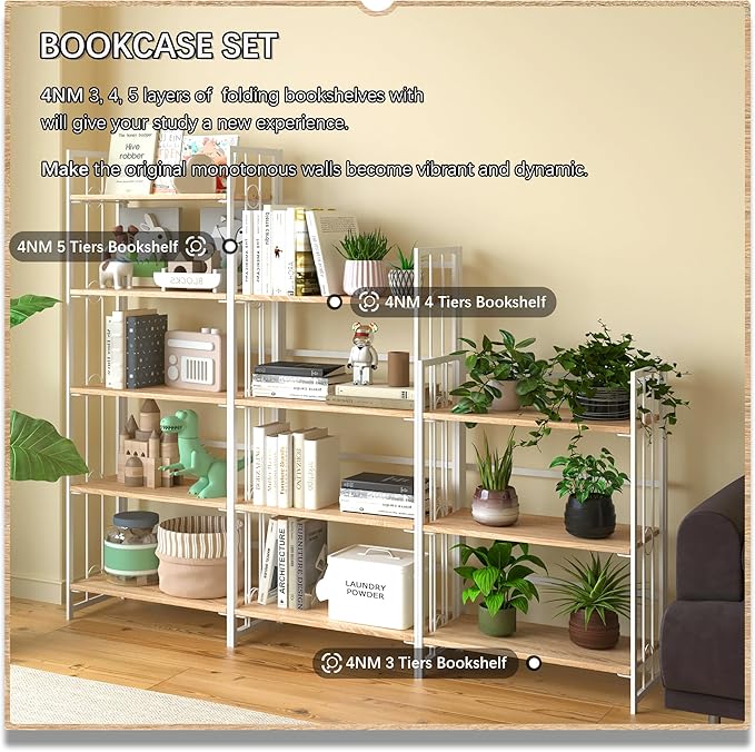4NM No Assembly 4 Tiers Folding Bookshelf, 47.2" H Foldable Storage Shelves - Image 6