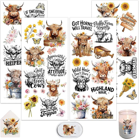 4 Sheets Rub on Transfers for Crafts, Highland Cattle Furniture Transfers for by Dorsbaby