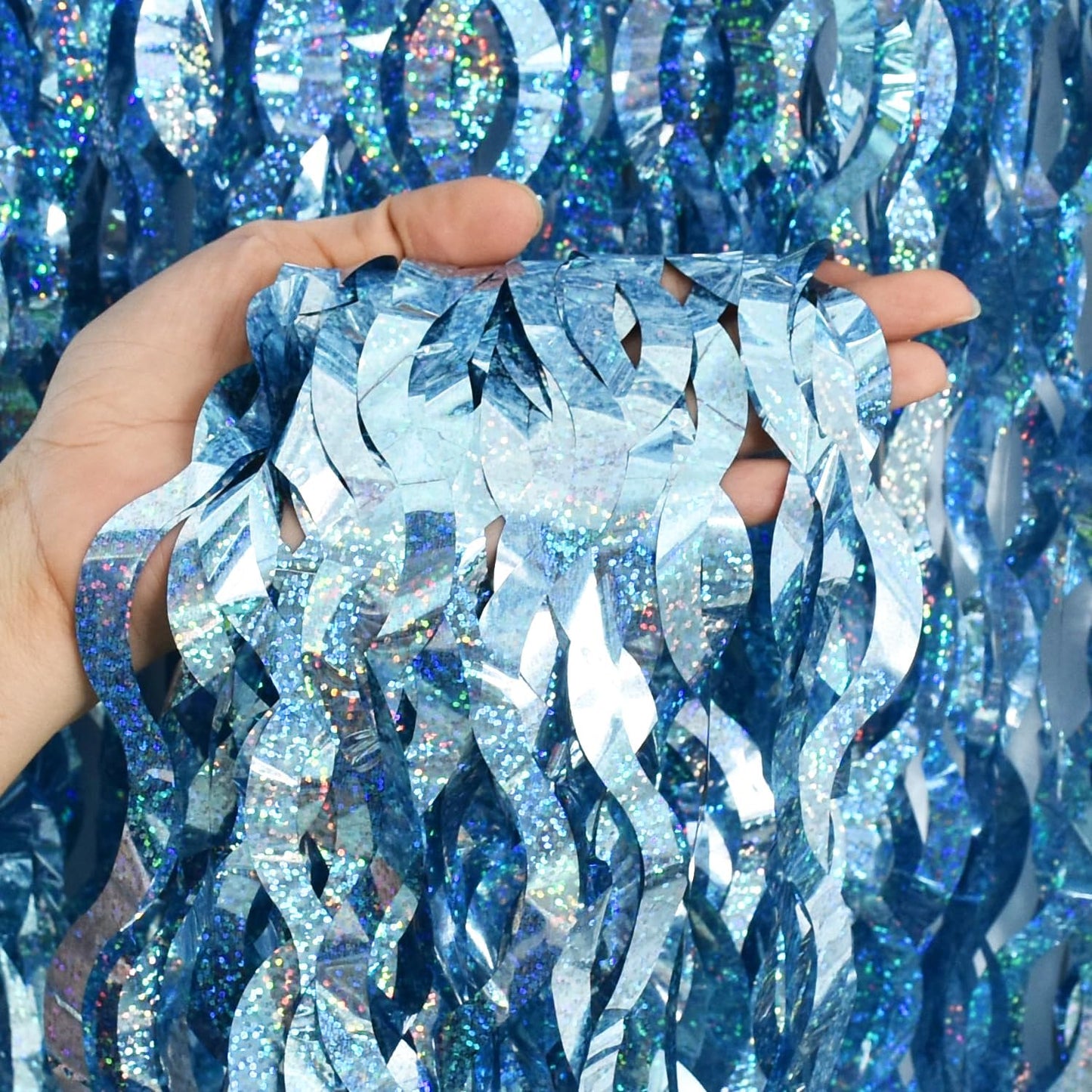 TONIFUL 3Pcs Wavy Metallic Tinsel Foil Fringe Curtains Light Blue Streamer Backdrop for Photo Booth Props,Party Door Wall Curtains,Bachelorette,Underwater World Birthday Party Decor (9.9ft x 6.6ft)