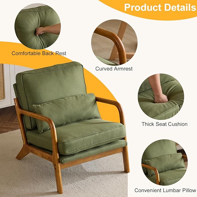Bonnlo Dark Green Linen Mid Century Modern Accent Chair, Soild Wood Padding - Image 3