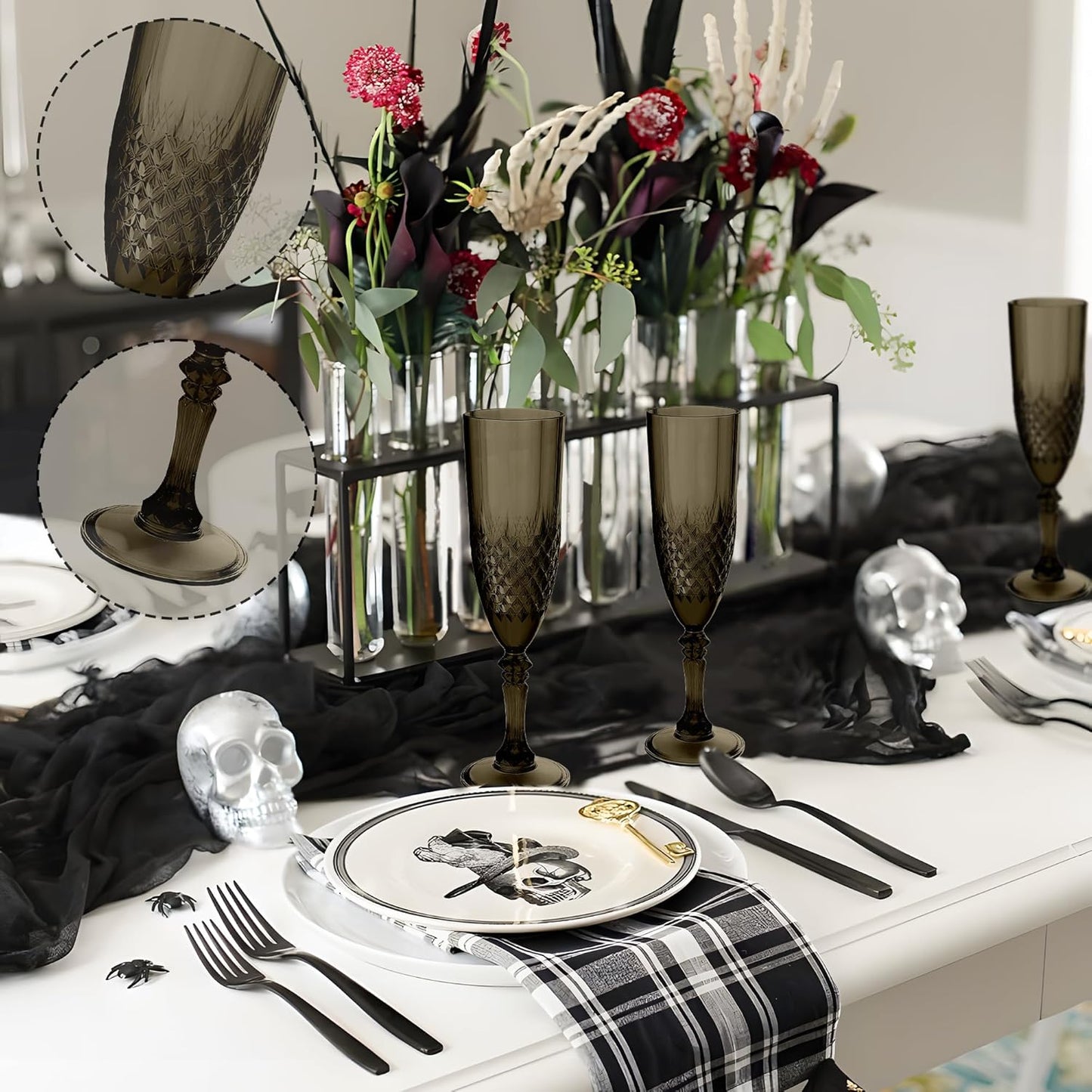 Plastic Champagne Flutes, 48PCS Black Wine Glasses Goblets Cups Reusable Flute, for Halloween Weddings Bachelor Parties Toasting and Events(48, Black)