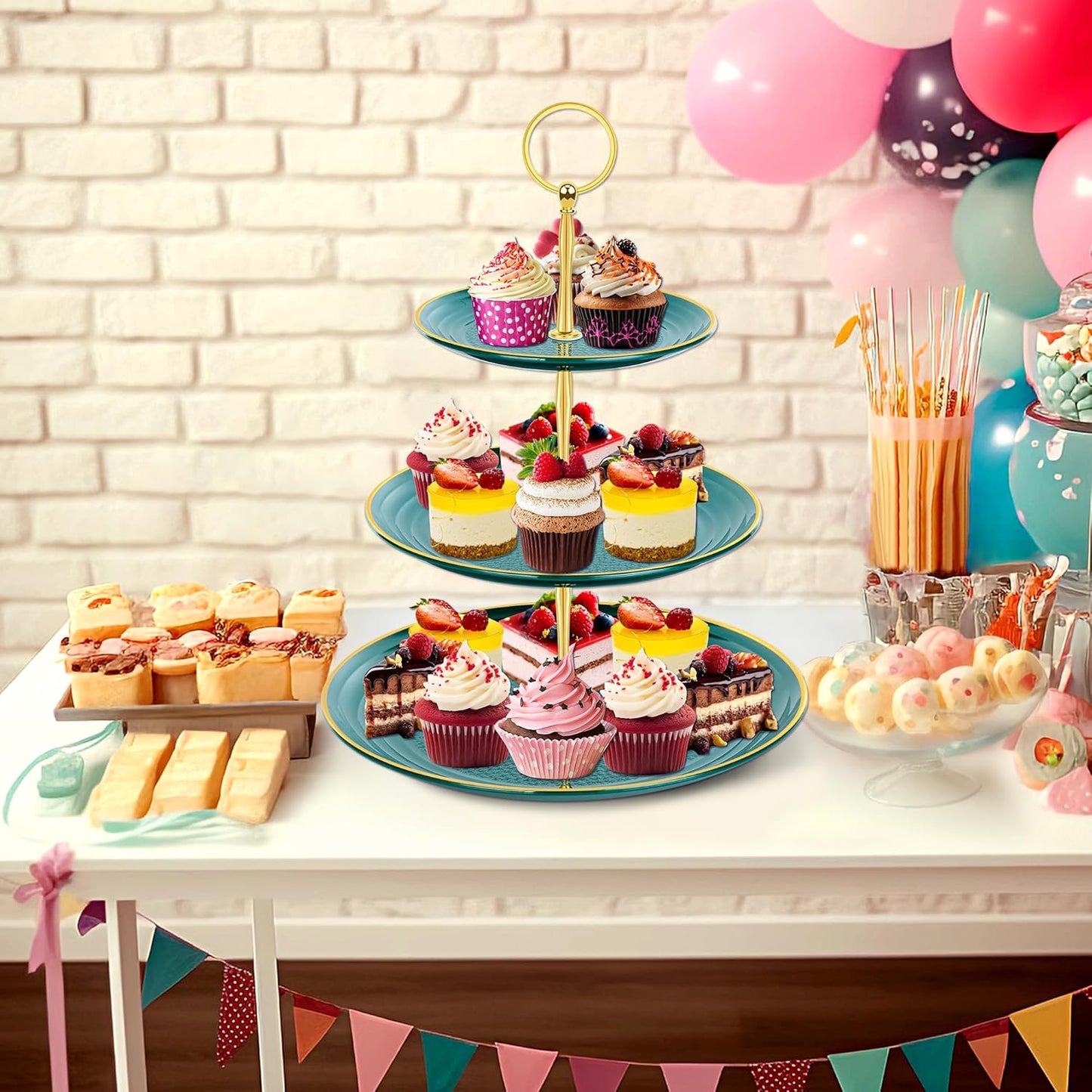 PinCute Cupcake Stand Holder - 3 Tier Cup Cake Dessert Stands, Plastic Tiered Serving Tray&Metal Rod for Birthday Party, Wedding, Tea Party, Baby Shower-Green