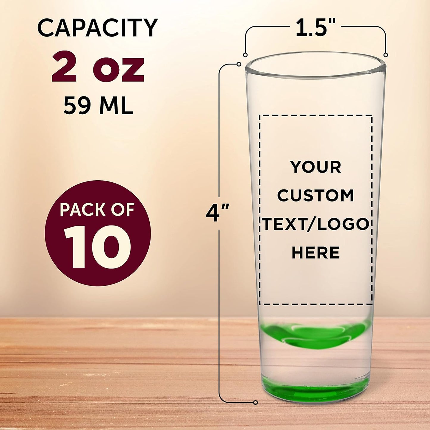 Custom Cordial Shooter Shot Glasses 2 oz. Set of 10, Personalized Bulk Pack - Great for Birthdays, Parties, Indoor & Outdoor Events - Green