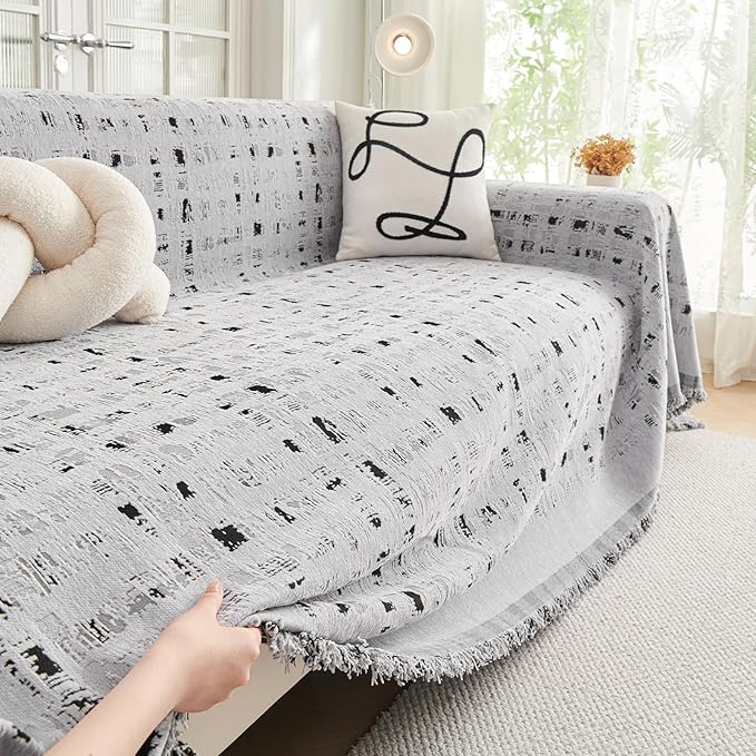 DREAMINGO Abstract Chenille Couch Cover Blanket Grey Black Boho Sofa Cover - Image 2
