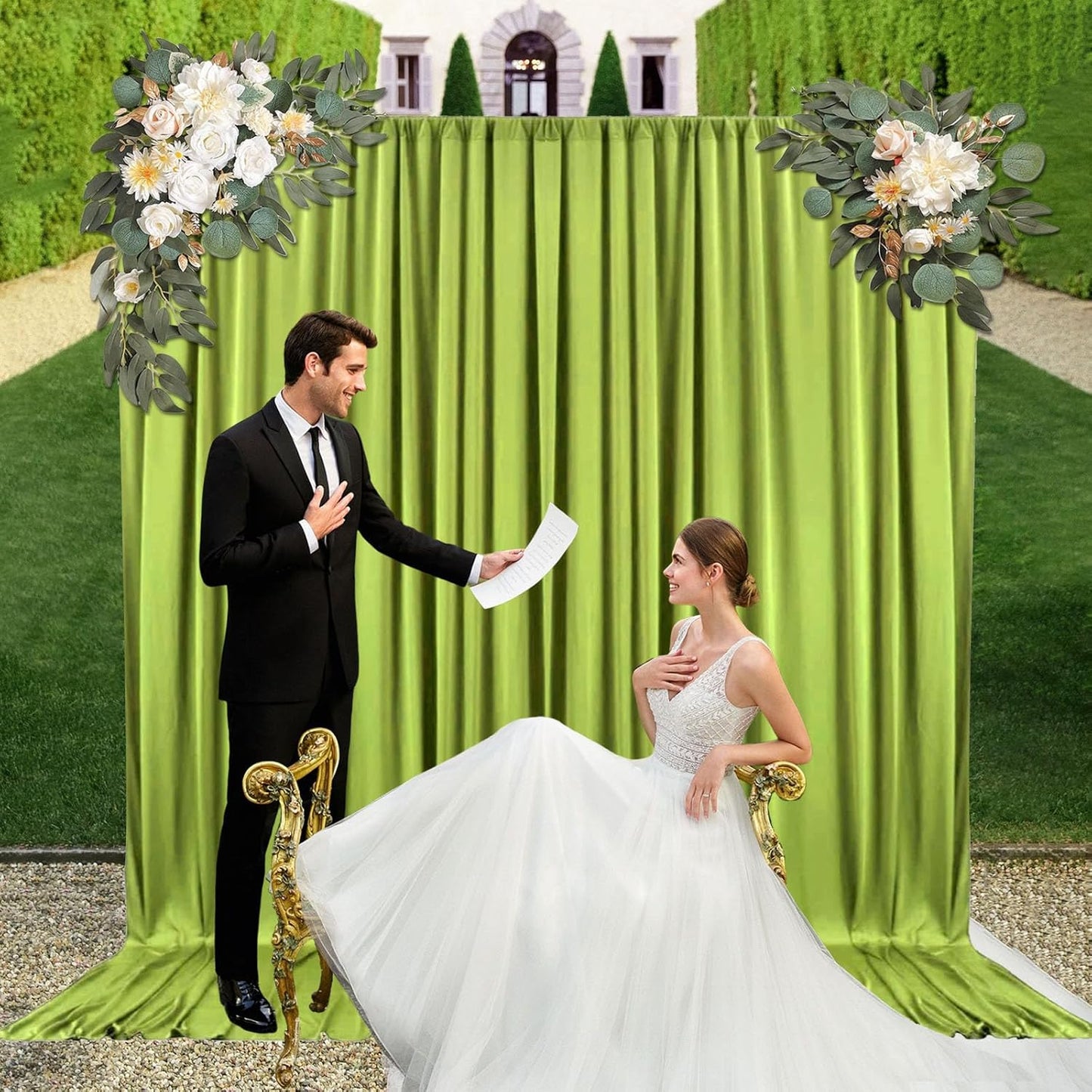 10ft x 10ft Olive Green Backdrop Curtains for Parties, Fabric Satin Background Curtain with Rod Pockets for Weddings, Birthday, Baby Shower, Photography, Graduation Party Backdrop Drapes, 2 Panels