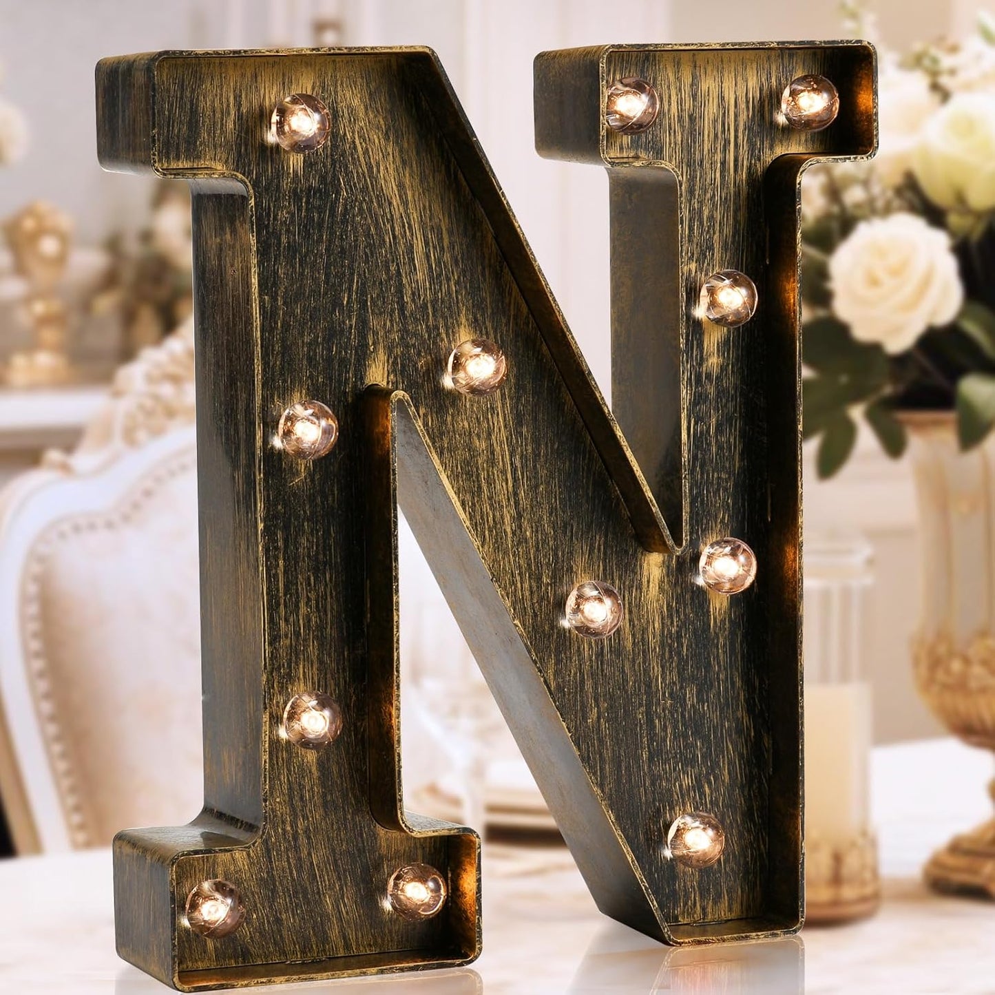 OYCBUZO Golden Black Led Marquee Letter - Industrial, Vintage Style Light Up Alphabet Letter Sign for Cafe Wedding Birthday Party Christmas Lamp Home Bar Initials Decor - N