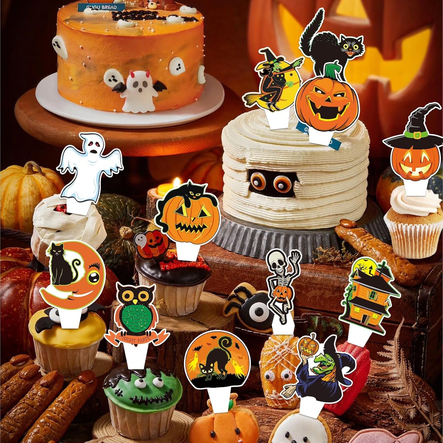 24 PCS Vintage Halloween Cupcake Toppers Halloween Happy Birthday Party Decorations Cake Decor Cupcake Decorations Cake Decorating Party Supplies Decor for Baby Shower Boys Girls