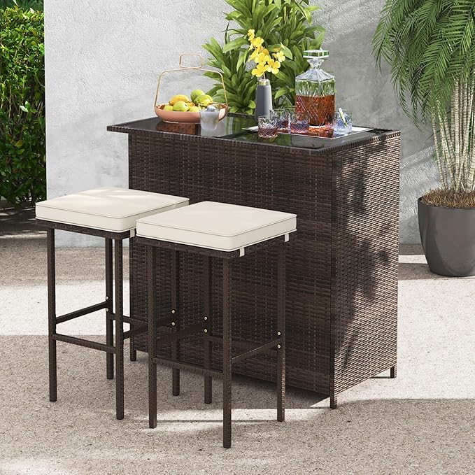 Tangkula Patio Bar Set, 3 Piece Outdoor Rattan Wicker Bar Set - Image 3