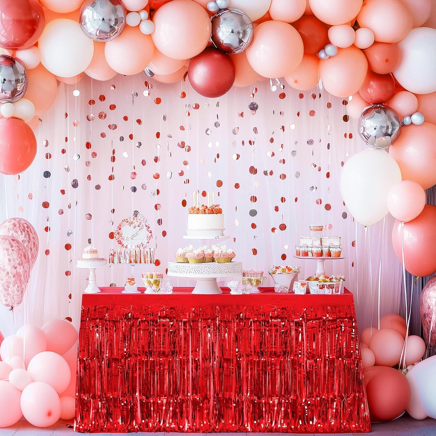 3 Pack Red Green Silver Table Skirts, 29x108" Metallic Foil Tinsel Fringe Table Skirt for Rectangle Tables Streamer Curtains Backdrop, Party Decorations for Birthdays, Weddings, Holidays