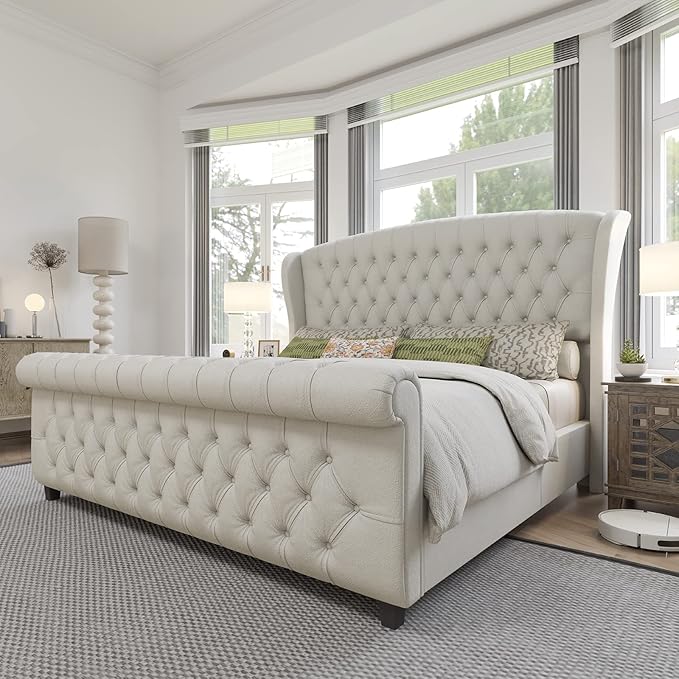 AMERLIFE King Size Platform Bed Frame, Chenille Upholstered Sleigh Bed by AMERLIFE