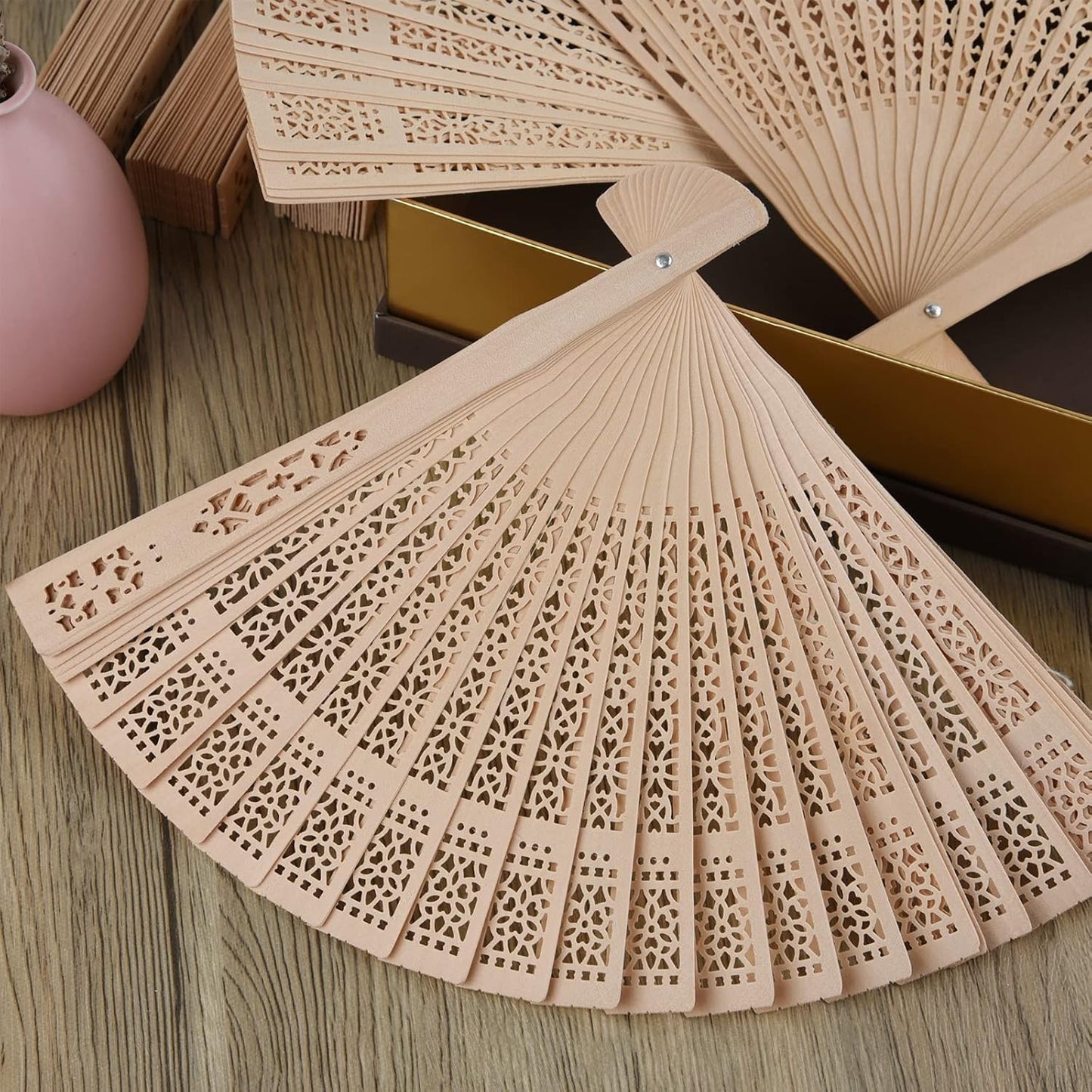 FEPITO 50 Pieces Wooden Handheld Paper Fan Wooden Folding Fans with Bamboos for Wedding Gift, Party, Home