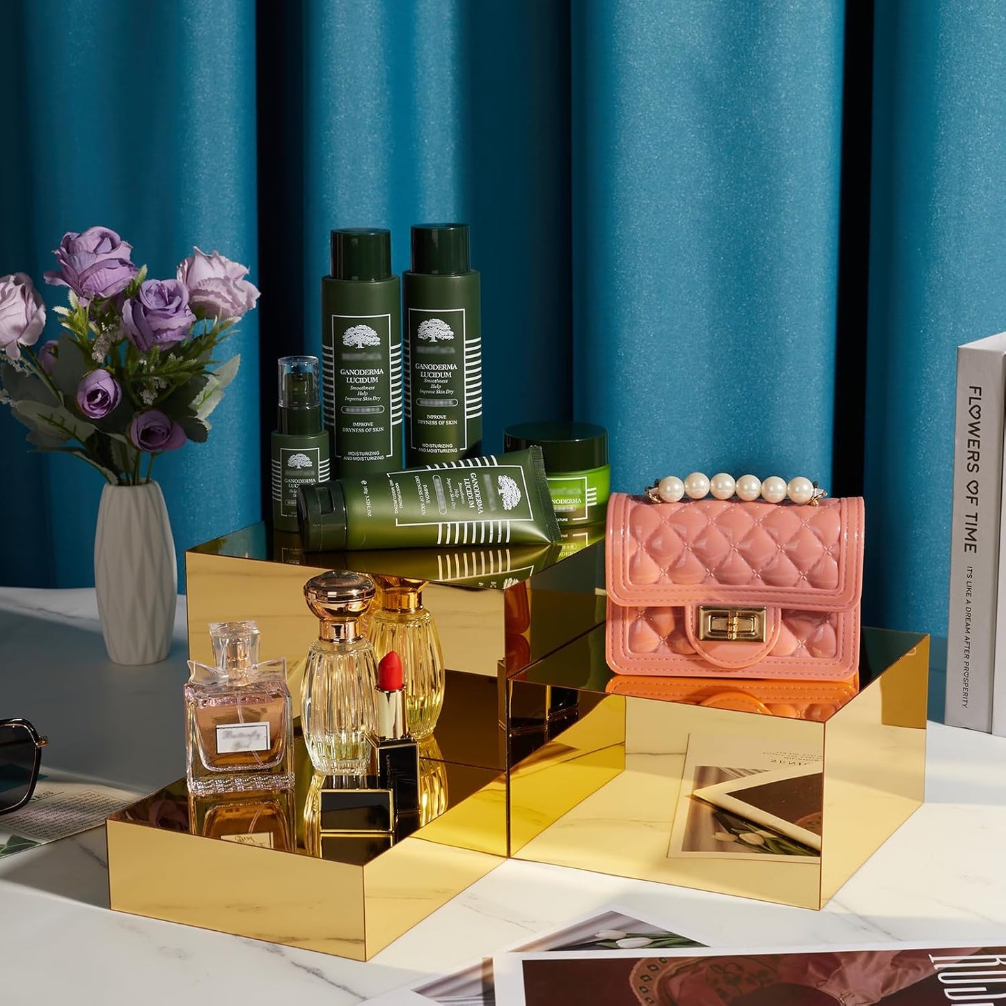 3 Pcs Acrylic Risers for Display, Acrylic Cube Boxes Gold Risers Food Display Risers Stand Shelf for Catering Dessert Collectibles Jewelry Figures Party (Gold 3pc)