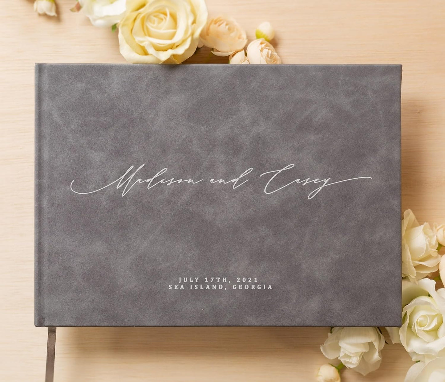 MUUJEE Personalized Guestbook in Slate Gray - Premium Custom Modern Guest Book for Wedding Reception, Birthday Party or Events w/Bookmark Blank Pages for Signing 11.5 x 8.5 inches