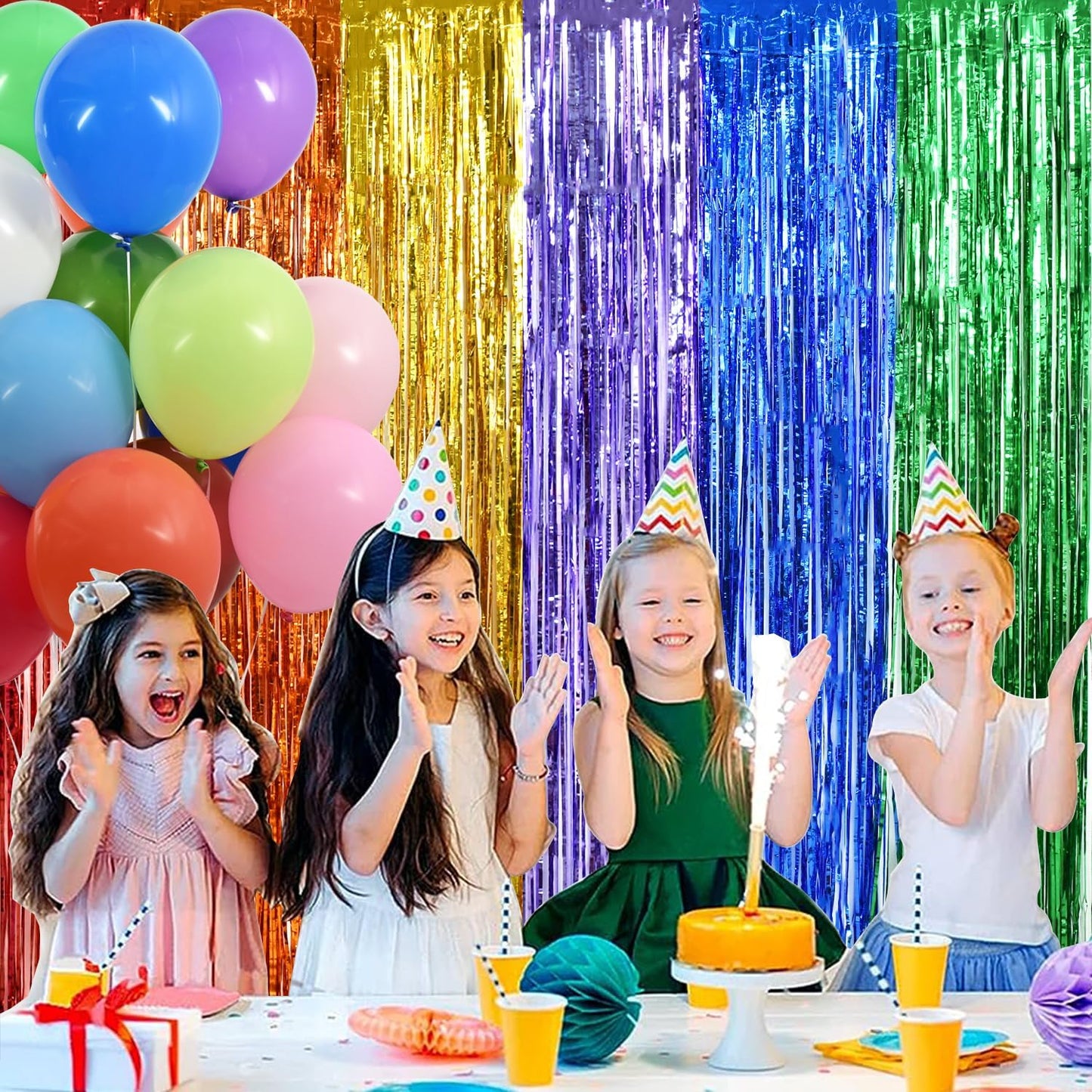 BEISHIDA 4 Pack Rainbow Streamers Fringe Foil Curtain Backdrop, Tinsel Curtain Wall Door Party Streamers for Birthday Party Decoration(3.28 ft x 6.56 ft)