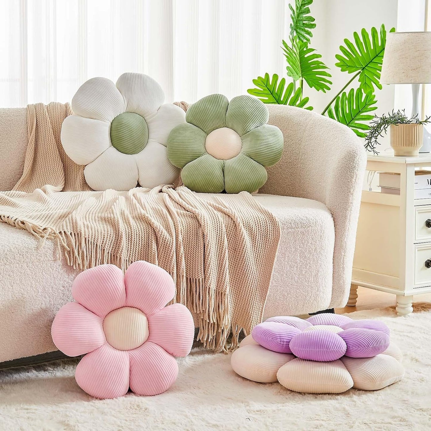 Sage Green Flower Pillow, 14.9" Cute Flower Shaped Floor Pillow, Aesthetic Floral Plush Daisy Decorative Throw Pillows for Bed Sofa Couch