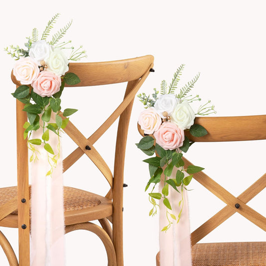 DORIS HOME Wedding Aisle Decorations Pink Pew Flowers Set of 10 for Wedding Ceremony Party Chair Decor with Artificial Flowers Eucalyptus and Ribbons