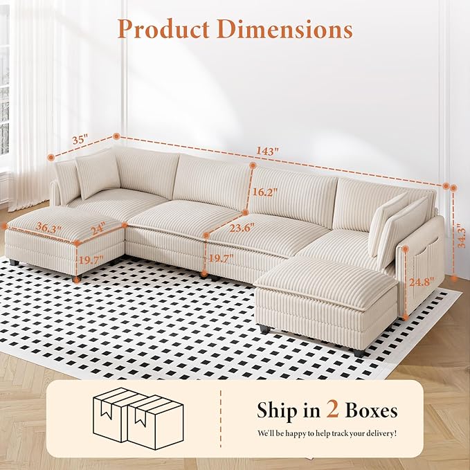 Vesgantti 143" U Shaped Sectional Modular Couch, Comfy Corduroy Upholstered - Image 2