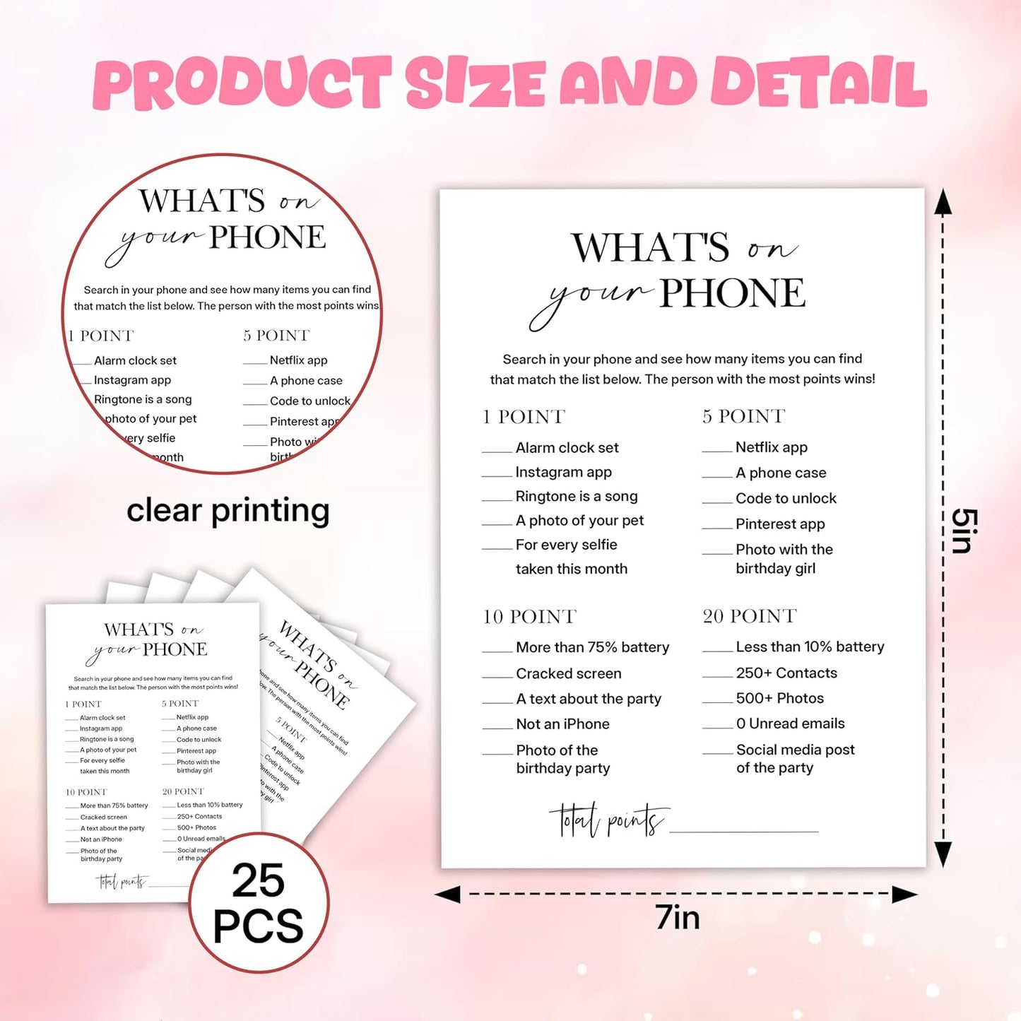 Birthday Party Games, What's on Your Phone, 25 Pcs Card Set for Guests, Fun Birthday Game for Teen Adults – A07