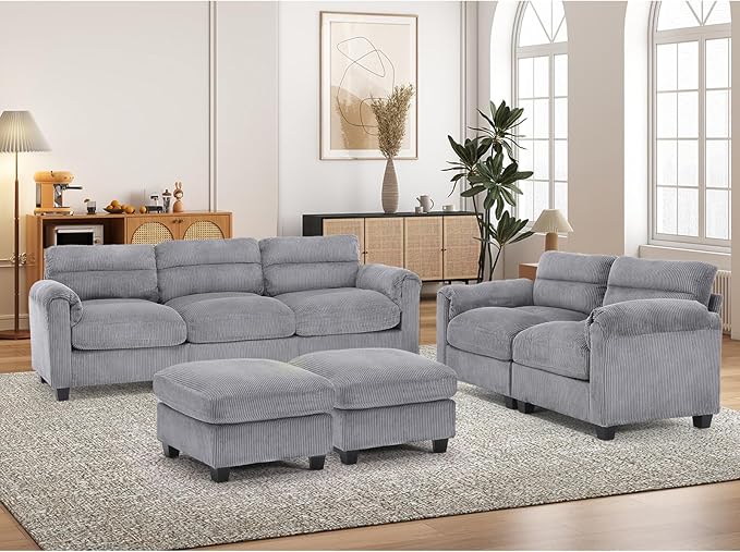HAOMARKETS Corduroy 4-Piece Sofa Set, Upholstered Ottoman Set of 2, Loveseat - Image 6