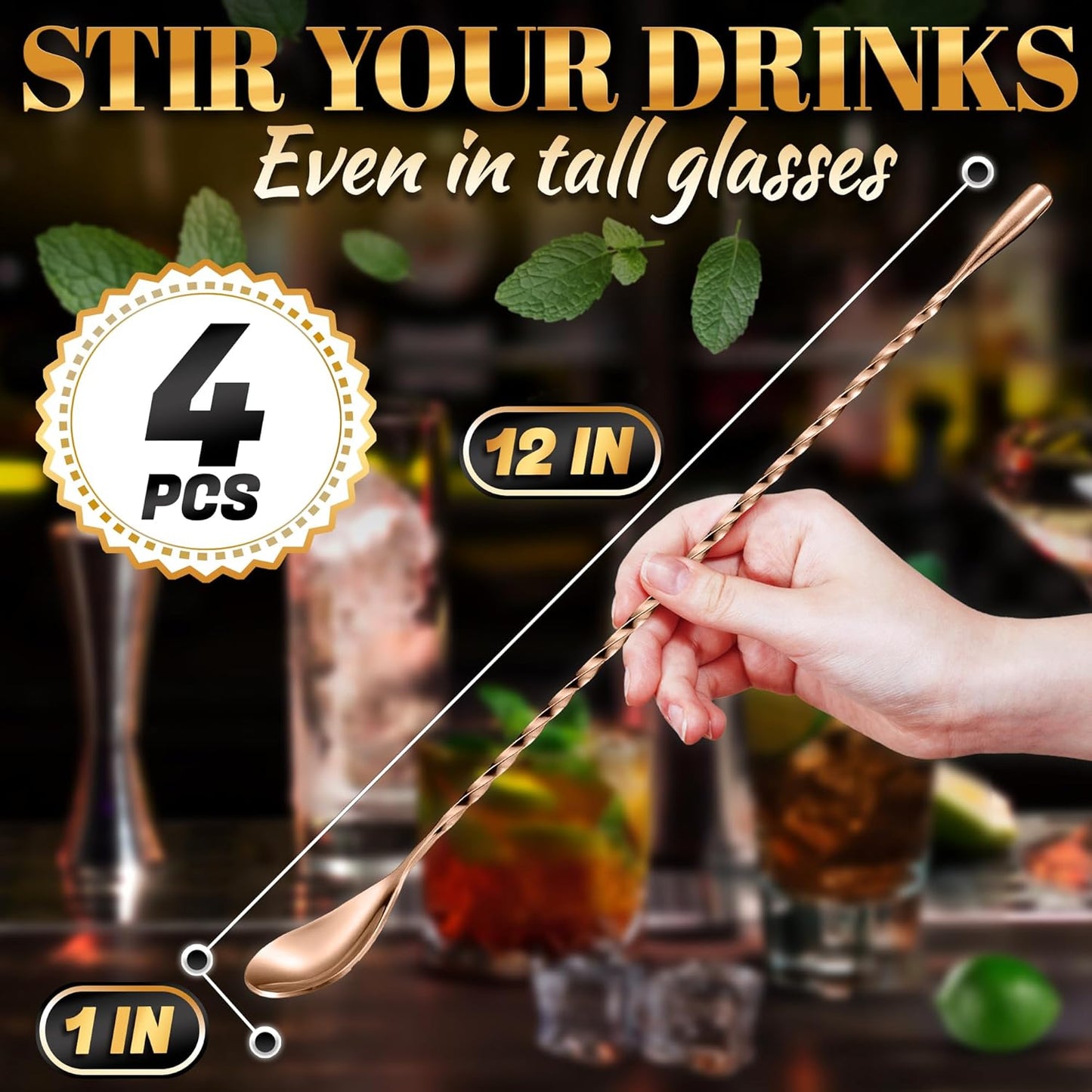 4 Pcs Bar Spoon Cocktail Mixing Spoon Set – Rose Gold Spoons with Elegant Twisted Spiral Handle, Good for Cocktails, Iced Tea, and Coffee Drinks – Durable Stylish Stainless Steel Stirring Spoons