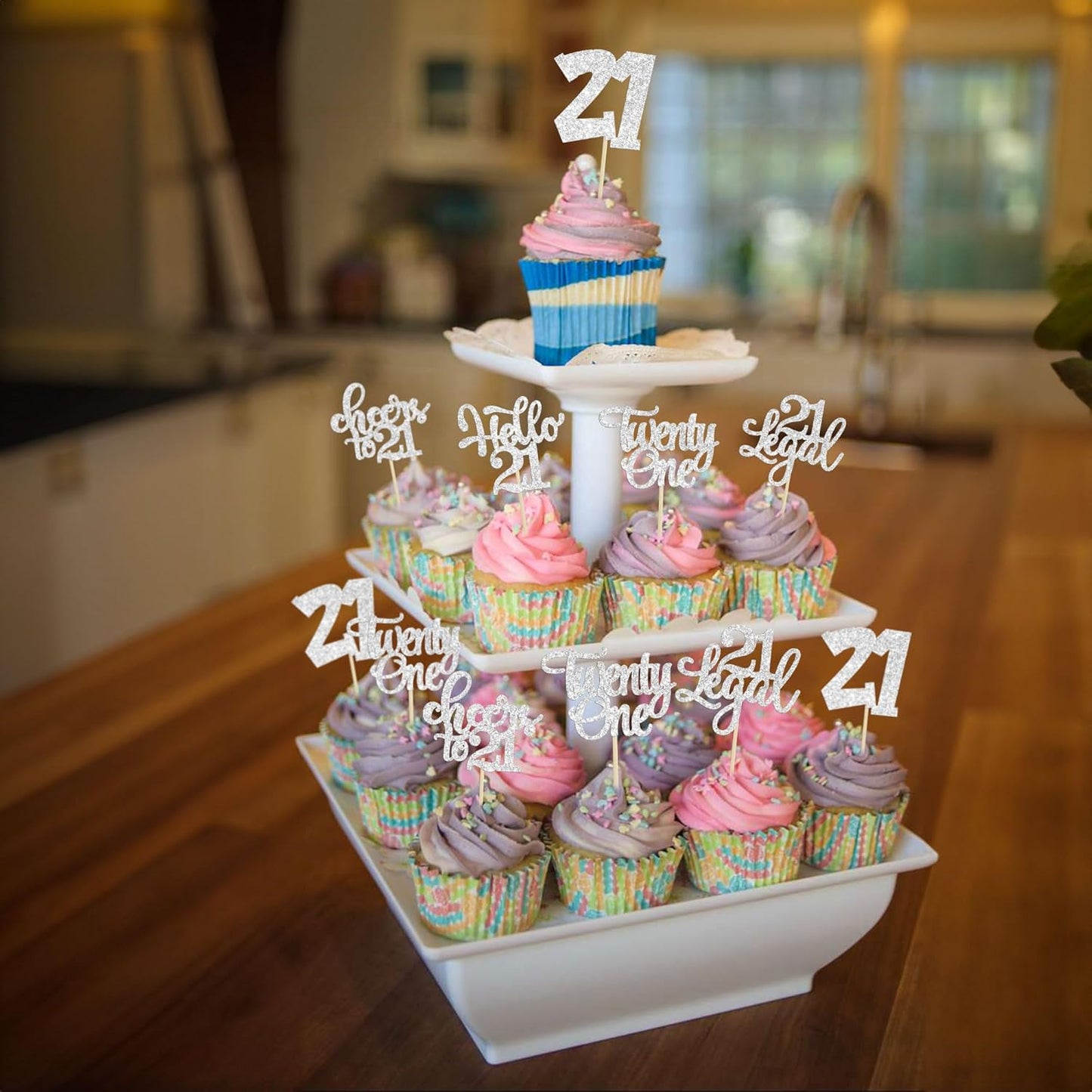 30pcs 21st Birthday Cupcake Toppers - Twenty One Legal 21st Cupcake Picks - Cheers to 21 Years Old - Silver Glitter Cake Decorations
