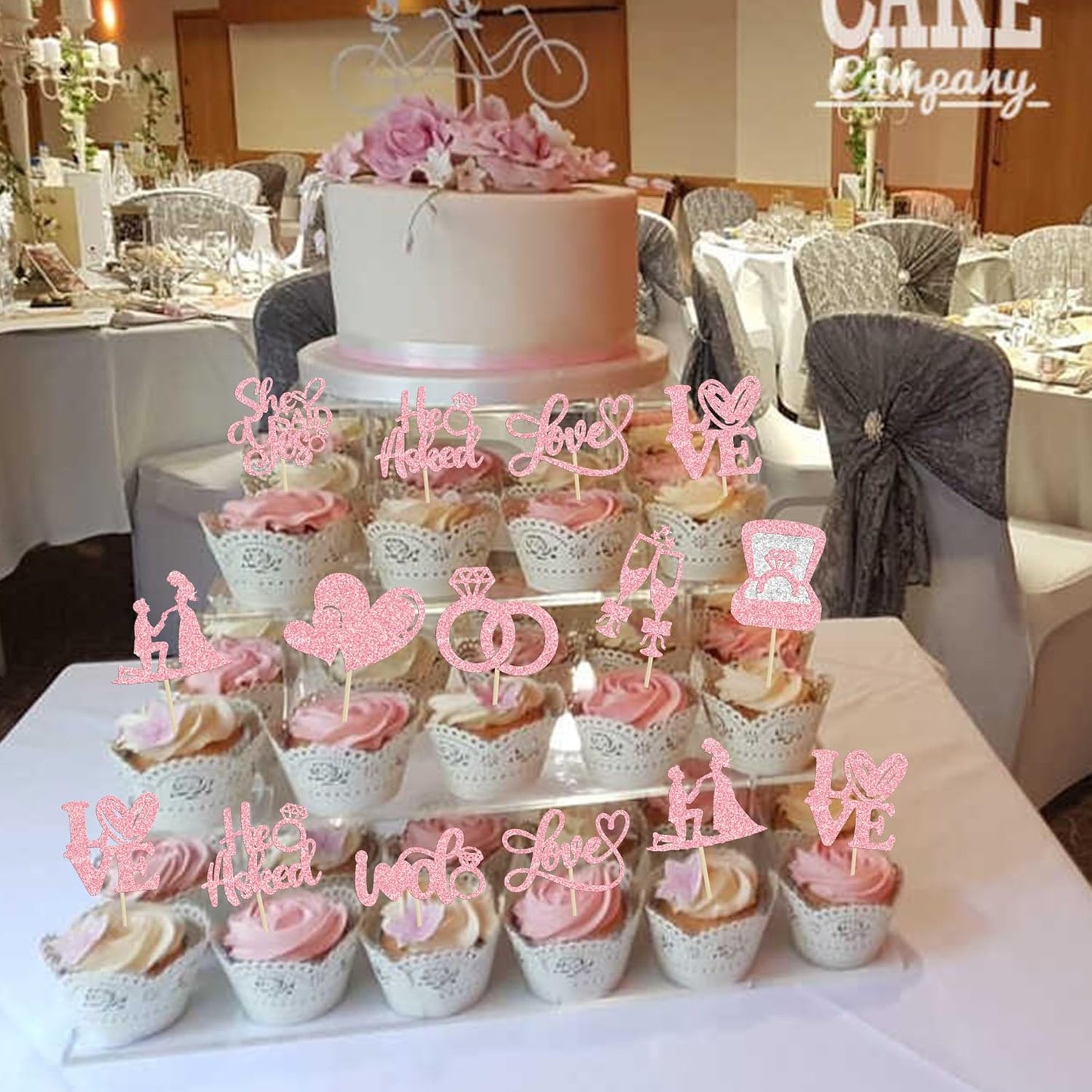 Ephlyn 30Pcs He Asked She Said Yes Cupcake Toppers Glitter Engagement Cupcake Toppers Diamond Ring Heart Love I Do Cupcake Picks for Engagement Wedding Party Cake Decorations Pink