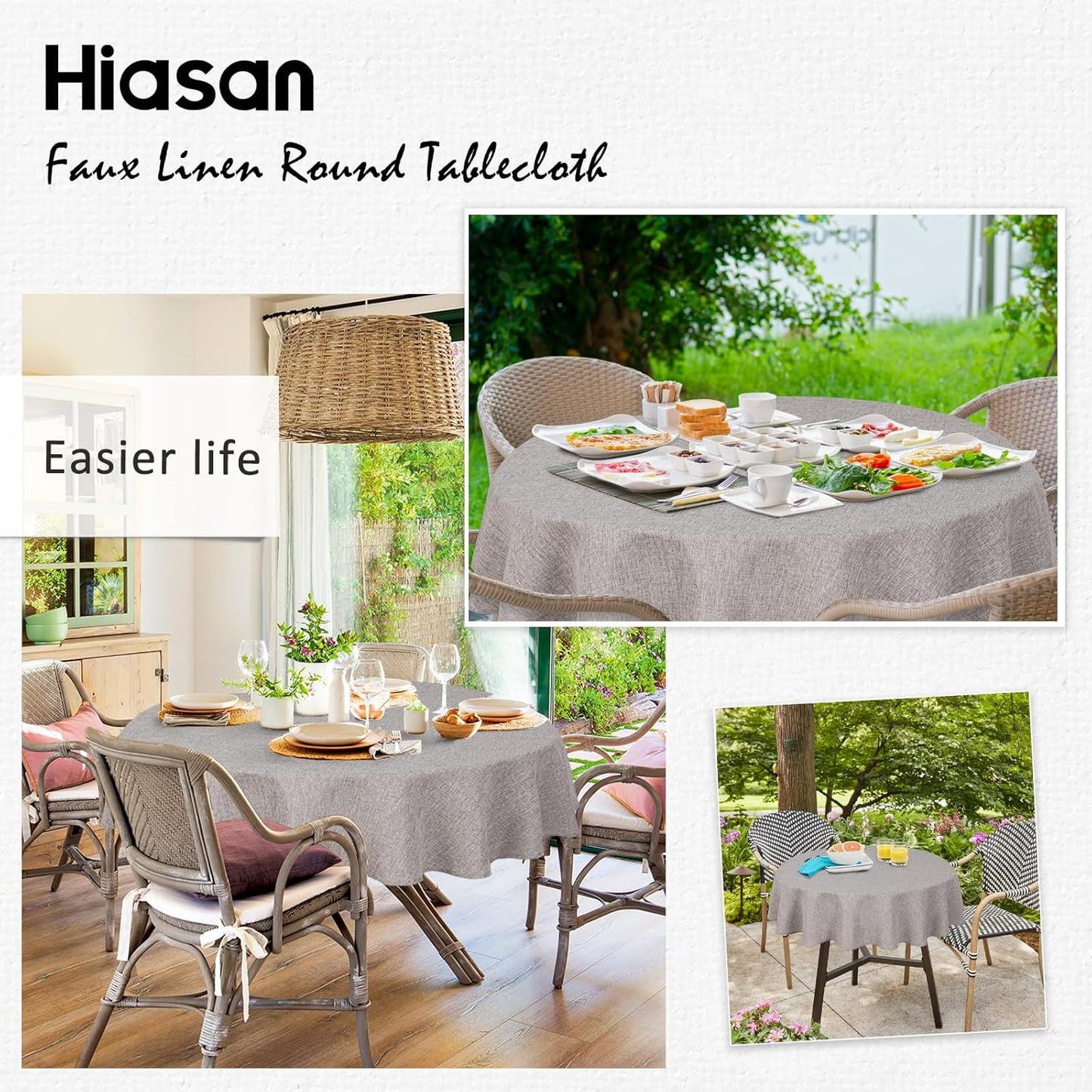 Hiasan Round Linen Tablecloth 50 Inch - Wrinkle and Stain Resistant Washable Polyester Fabric Table Cloth for Dining Room Kitchen Party, Stone