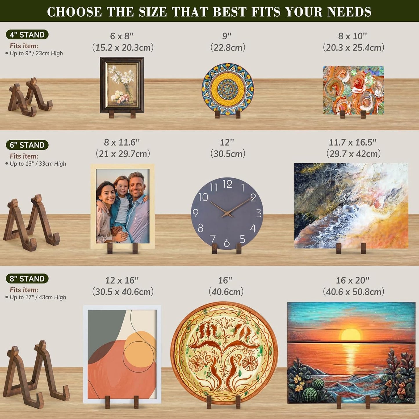 Plate Display Stand, 3 Pack 8 Inch Plate Holder for Displaying, Decorative Picture Frame Dish Photo Plaque Platter Wood Stand