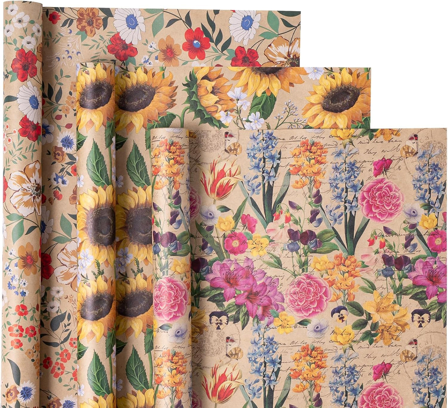 WRAPAHOLIC Kraft Floral Wrapping Paper - Mini Roll - 3 Rolls - 17 Inch x 120 Inch - All Occasion Vintage Flower and Sunflorwer Design for Wedding Bridal Shower Birthday