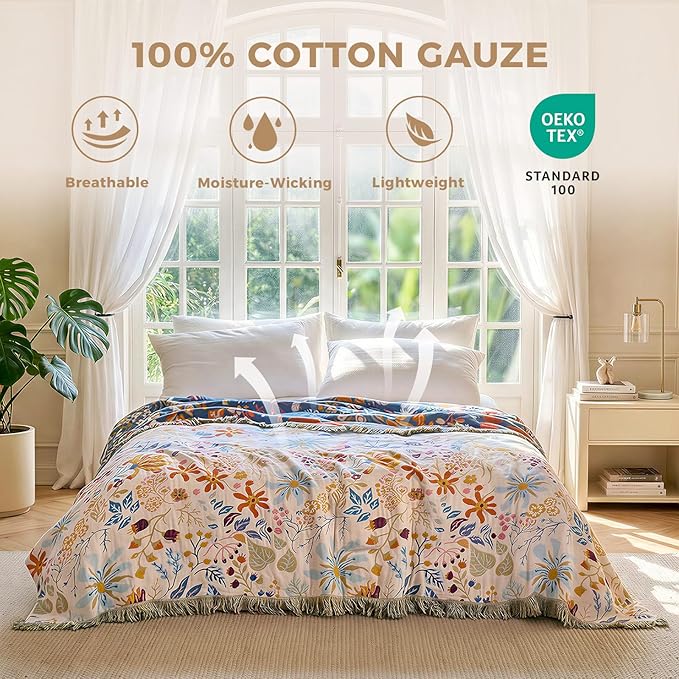 LUTBM Boho Throw Blanket with Florals & Leaves Embroidery Reversible - Image 3