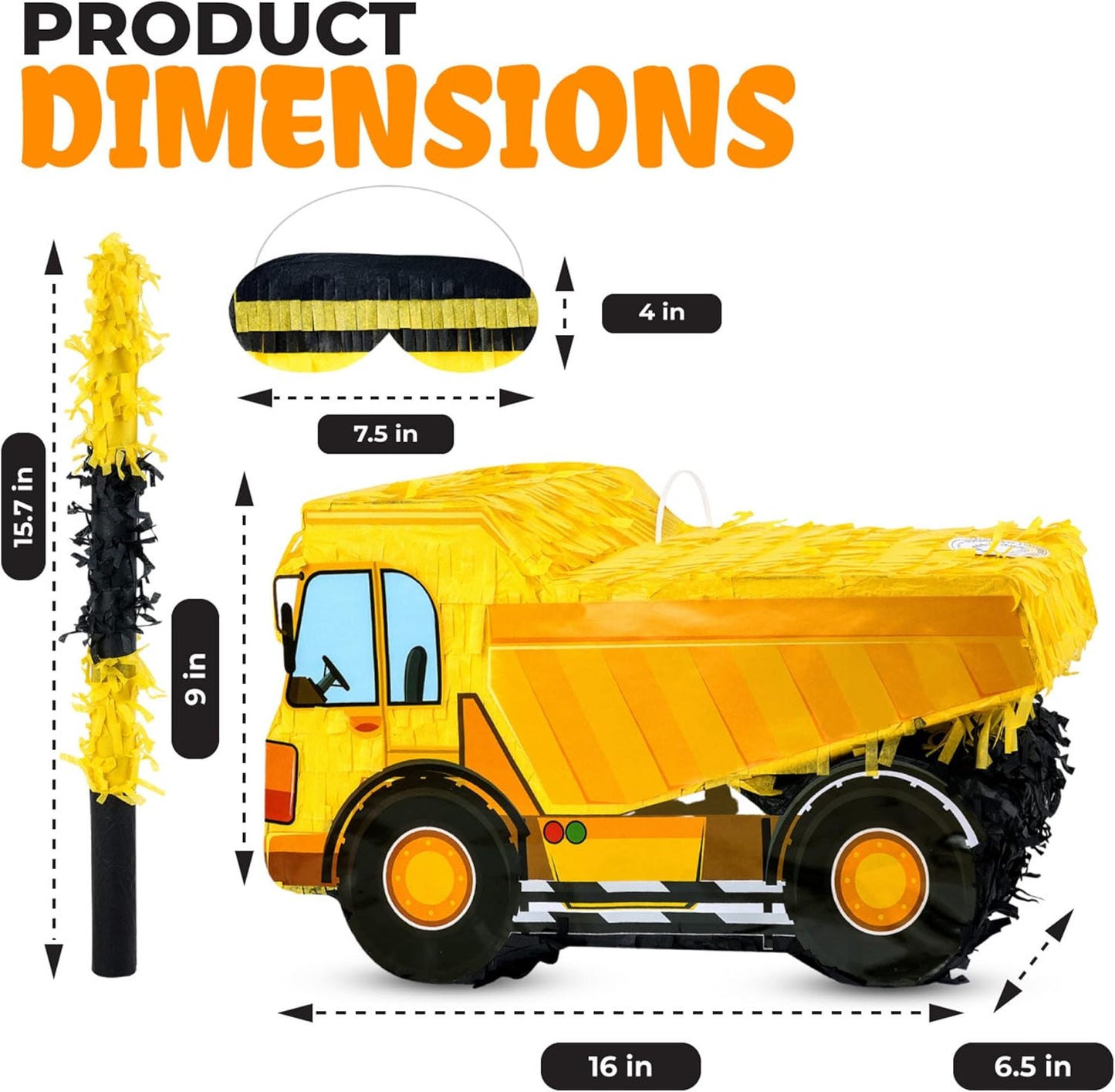 Small Dump Truck Pinata Bundle with a Blindfold and Bat(16 x 9 x 6.5 Inches), Kids Excavator Pinata for Construction Birthday Parties, Boys Birthday Party Supplies