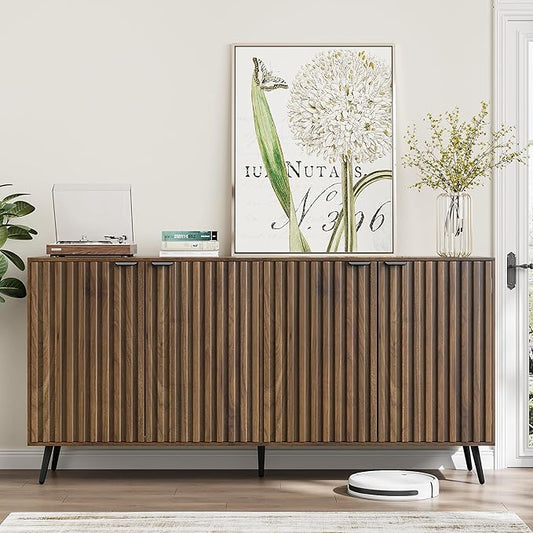 Smuxee 63" Fluted Sideboard Cabinet, Freestanding Walnut Buffet Cabinet by Smuxee