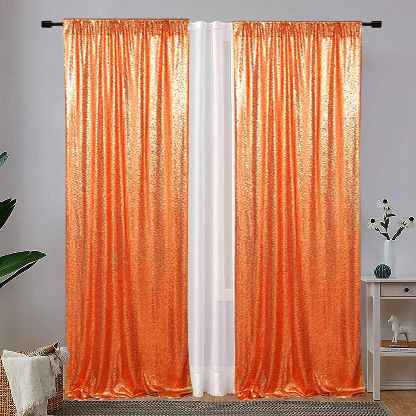 Eternal Beauty Sequin Backdrop Curtains, 2x8 Ft-2 Panels Orange Back Drop for Shimmer Photography Party Wedding Birthday Decor