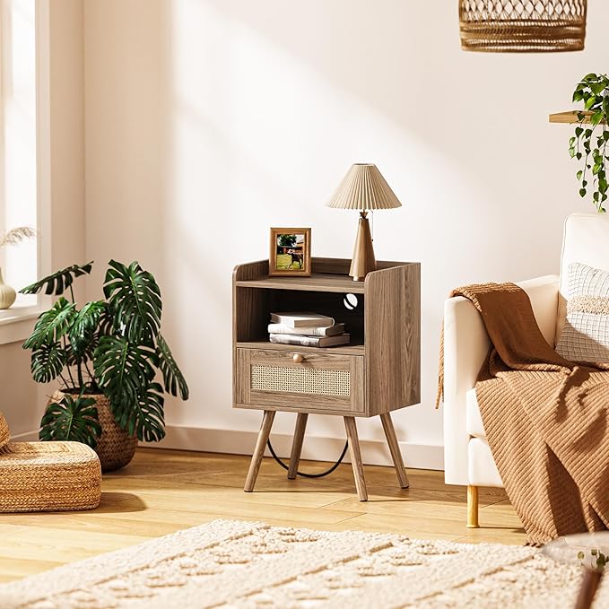 SUPERJARE Nightstand with Charging Station & Rattan-Like Decor Drawer, Rattan - Image 8