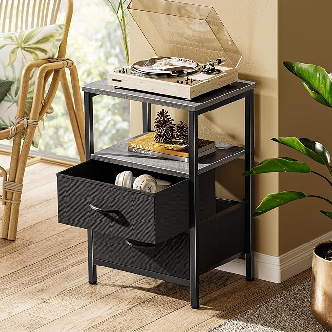 Huuger Night Stand with 2 Drawers, Bed Side Table with Open Shelf, Wooden Top - Image 2