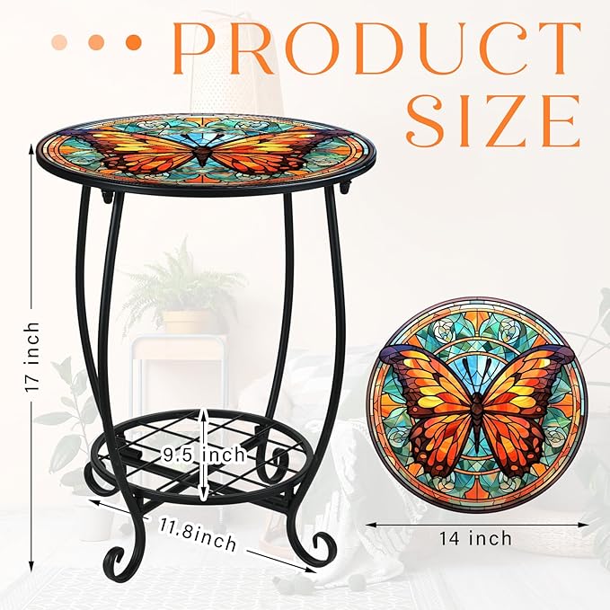 Cinnvoice Outdoor Side Table Round Small Mosaic Patio Accent Indoor End Plant - Image 3