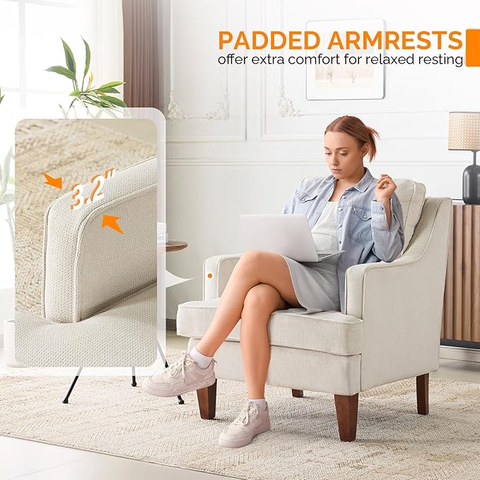 VINGLI Beige Accent Chair, Mid Century Modern Chairs, Upholstered Armchair - Image 3