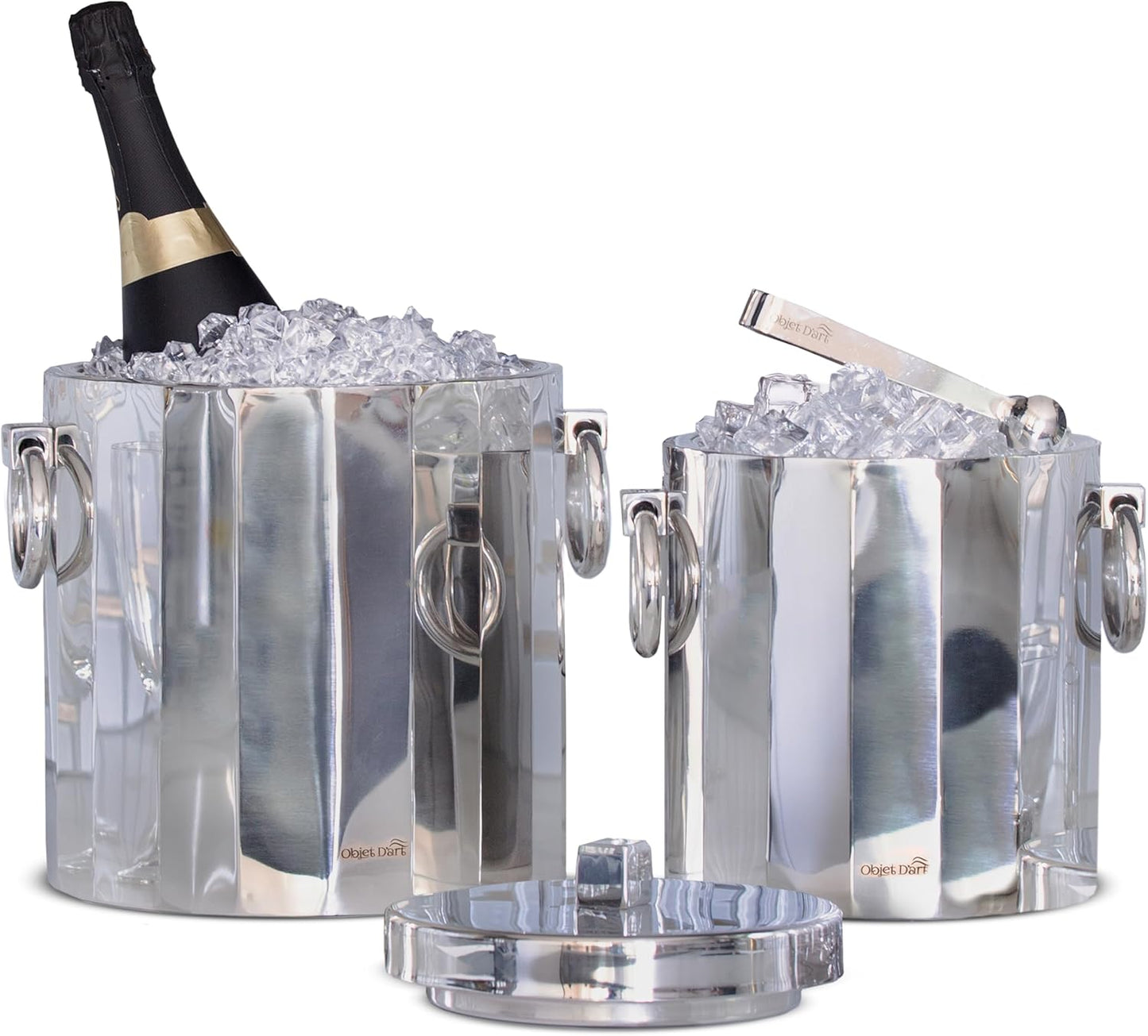 Insulated Ice Bucket for Parties by Objet D’Art, Large Ice Bucket with Scoop Tongs, 2 Stainless Steel Metal Buckets for Party, Double Walled, 2 Liters, Delphi, 7.5 x 9 x 10