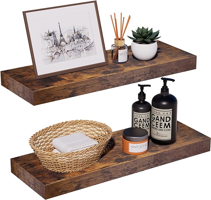 Rustic Brown Floating Shelves for Wall，24in Wall Mounted Display Ledge Shelves by INHABITUNION
