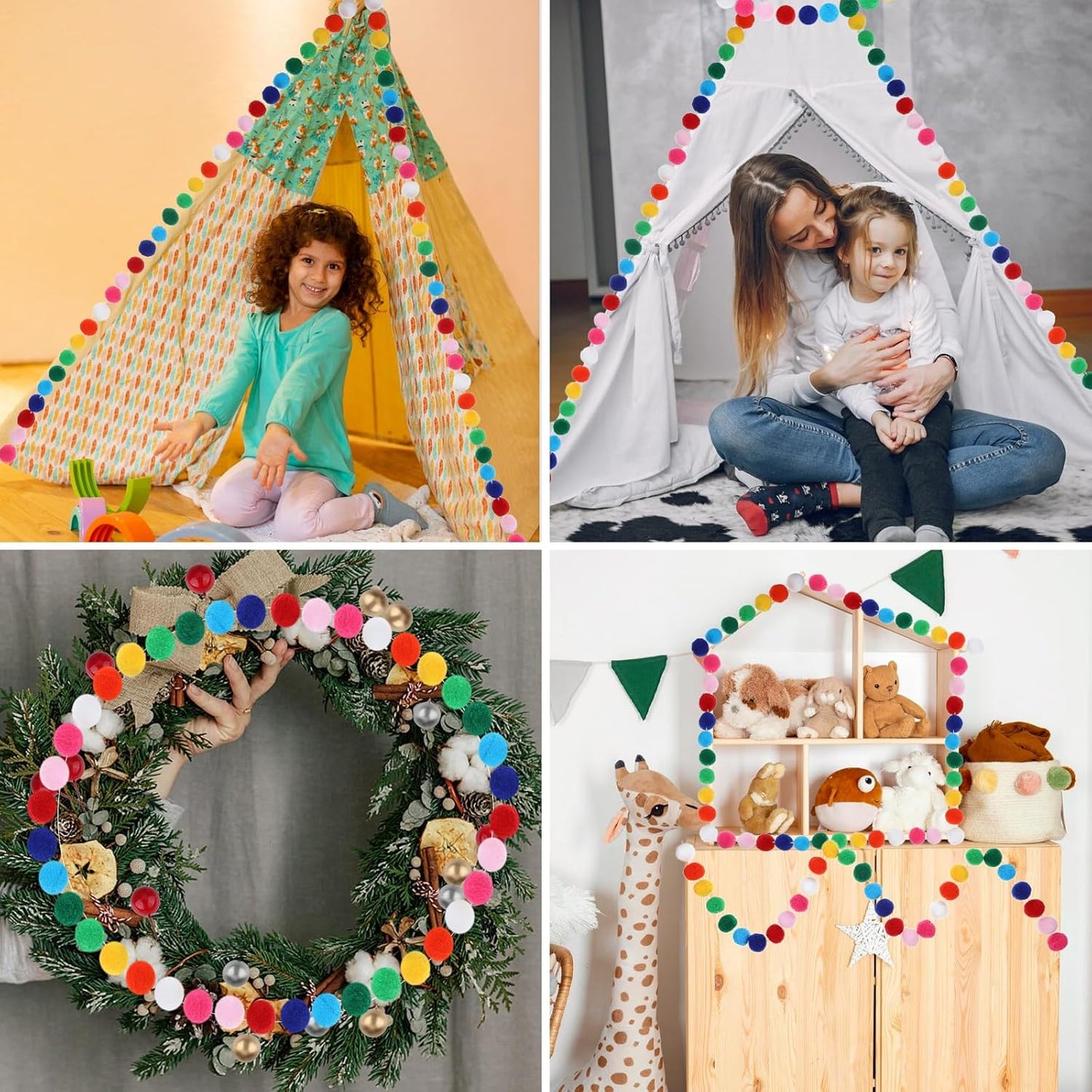 3 Pack Colorful Pom Pom Garland Decorations, Rainbow Colorful Ball Garland 6.5 Feet Long, 24 Balls Each - Rainbow Garlands Hanging Supplies for Party Home Classroom Decor